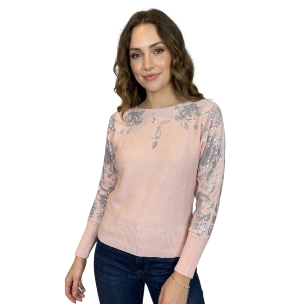 Venus Blush Pink Floral Silver Beaded Sweater Size XS